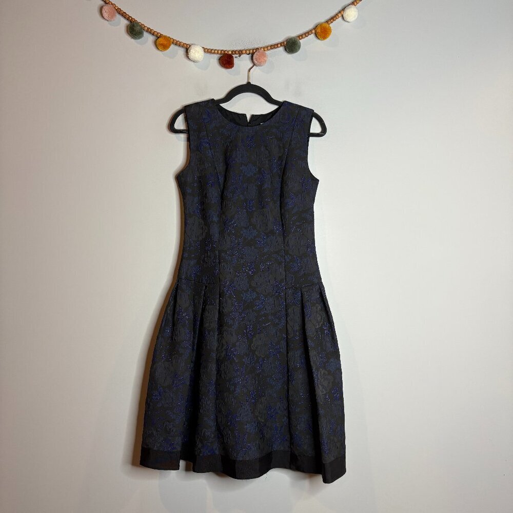 Carmen Marc Valvo black and blue floral jacquard flared dress